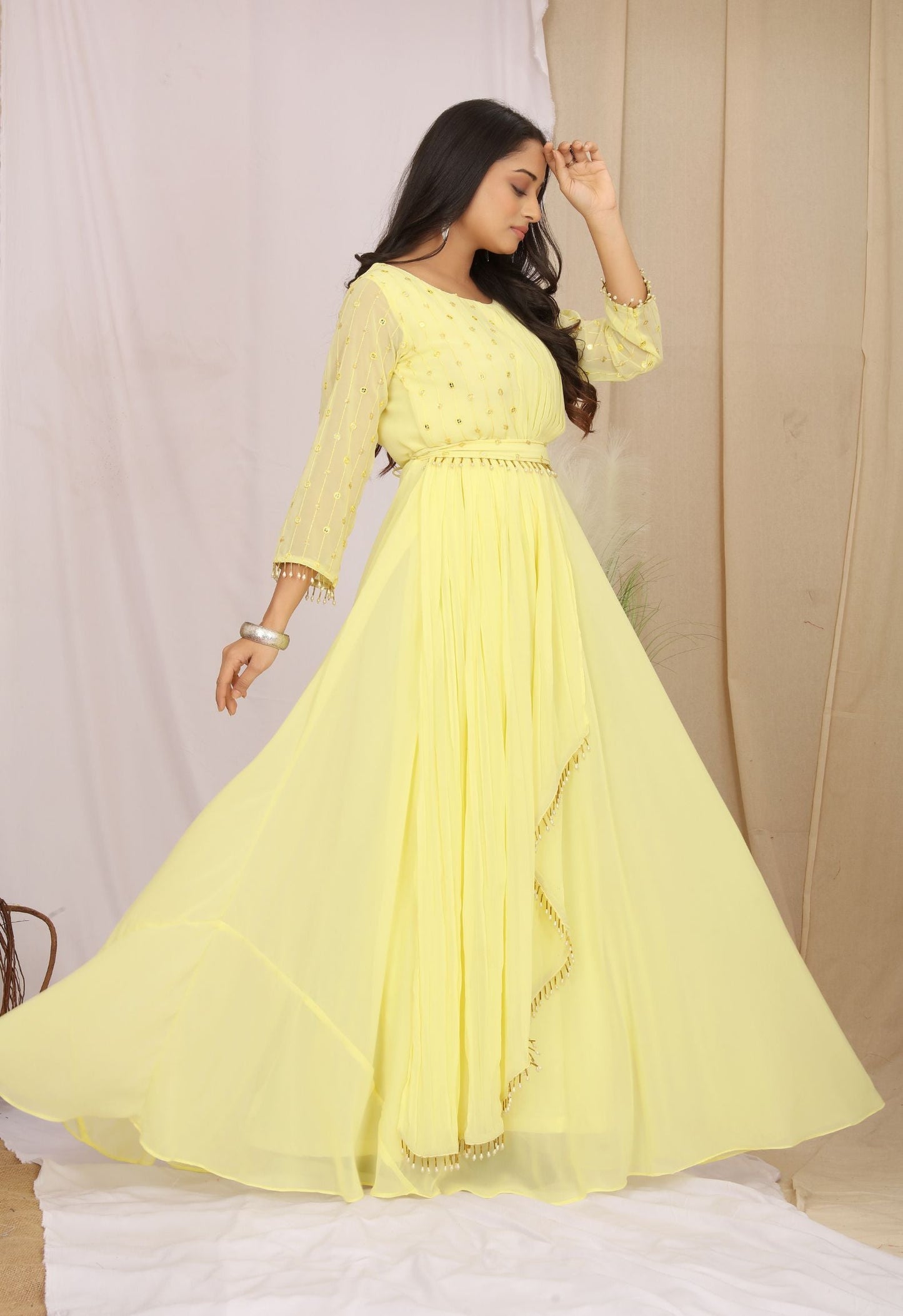 Georgette Yellow Embroidered Ethnic Dress With Belt