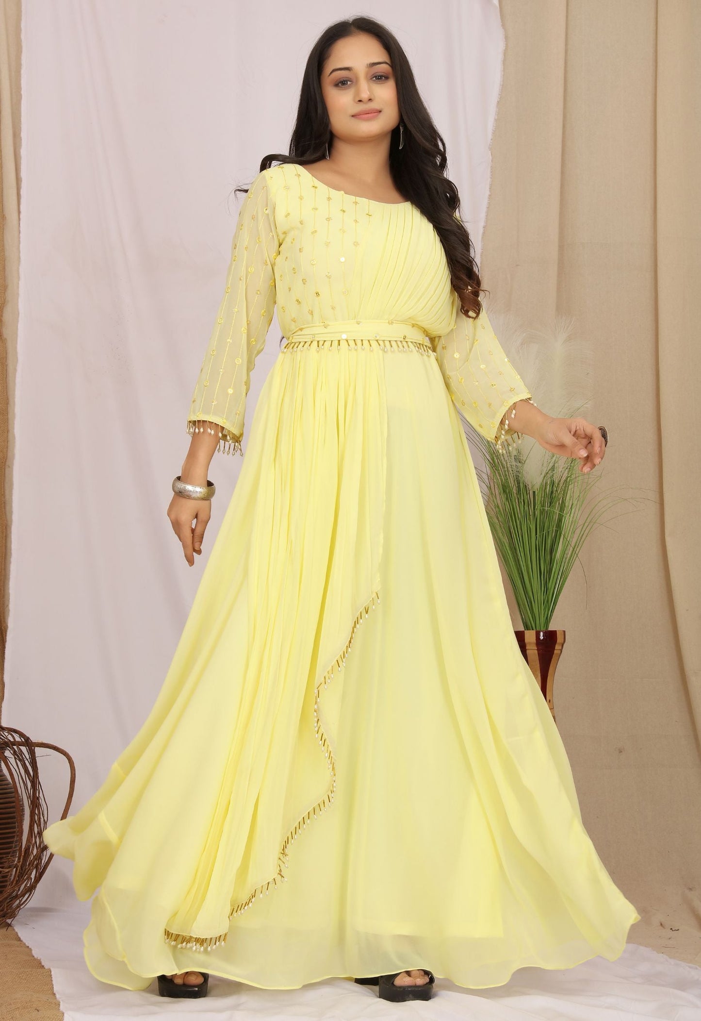 Georgette Yellow Embroidered Ethnic Dress With Belt