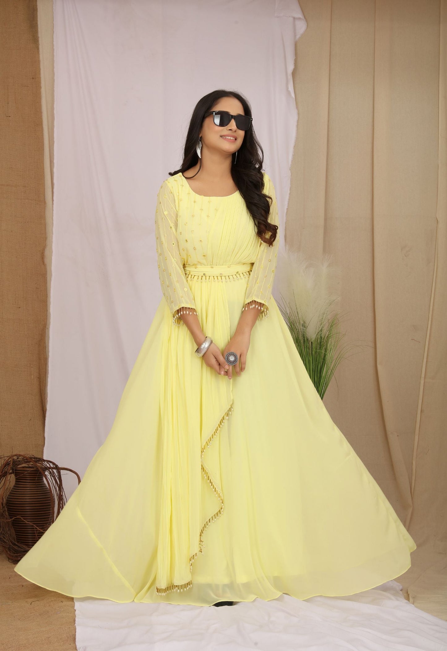 Georgette Yellow Embroidered Ethnic Dress With Belt