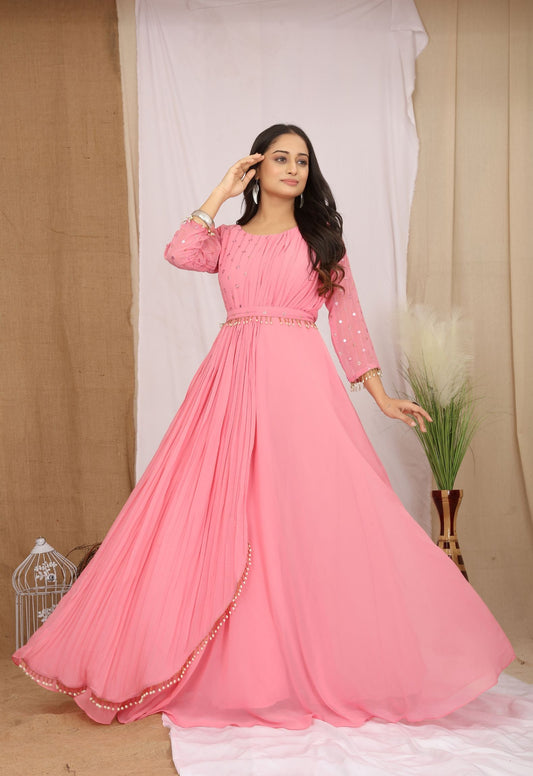 Georgette Pink  Embroidered Ethnic Dress With Belt