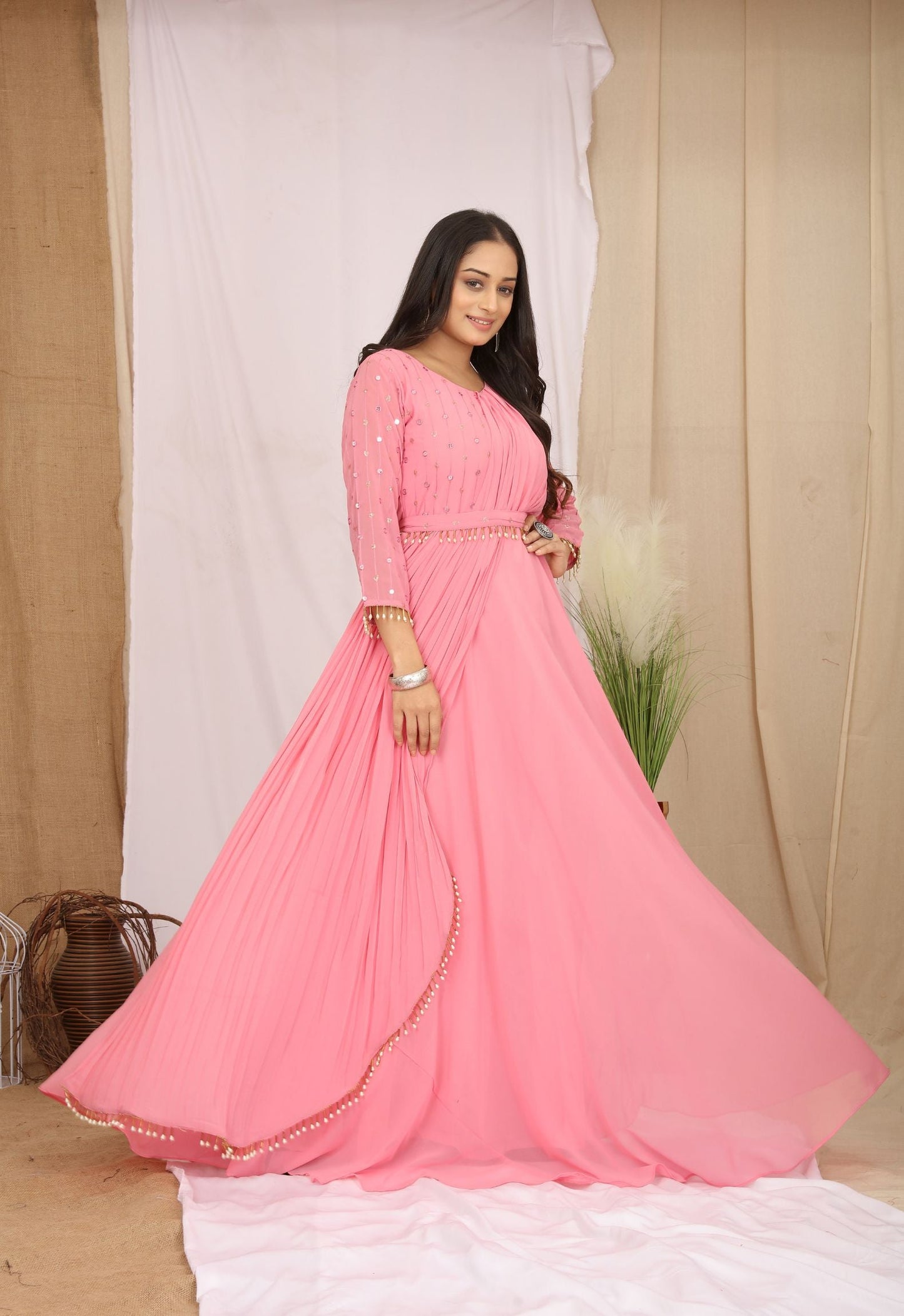 Georgette Pink  Embroidered Ethnic Dress With Belt