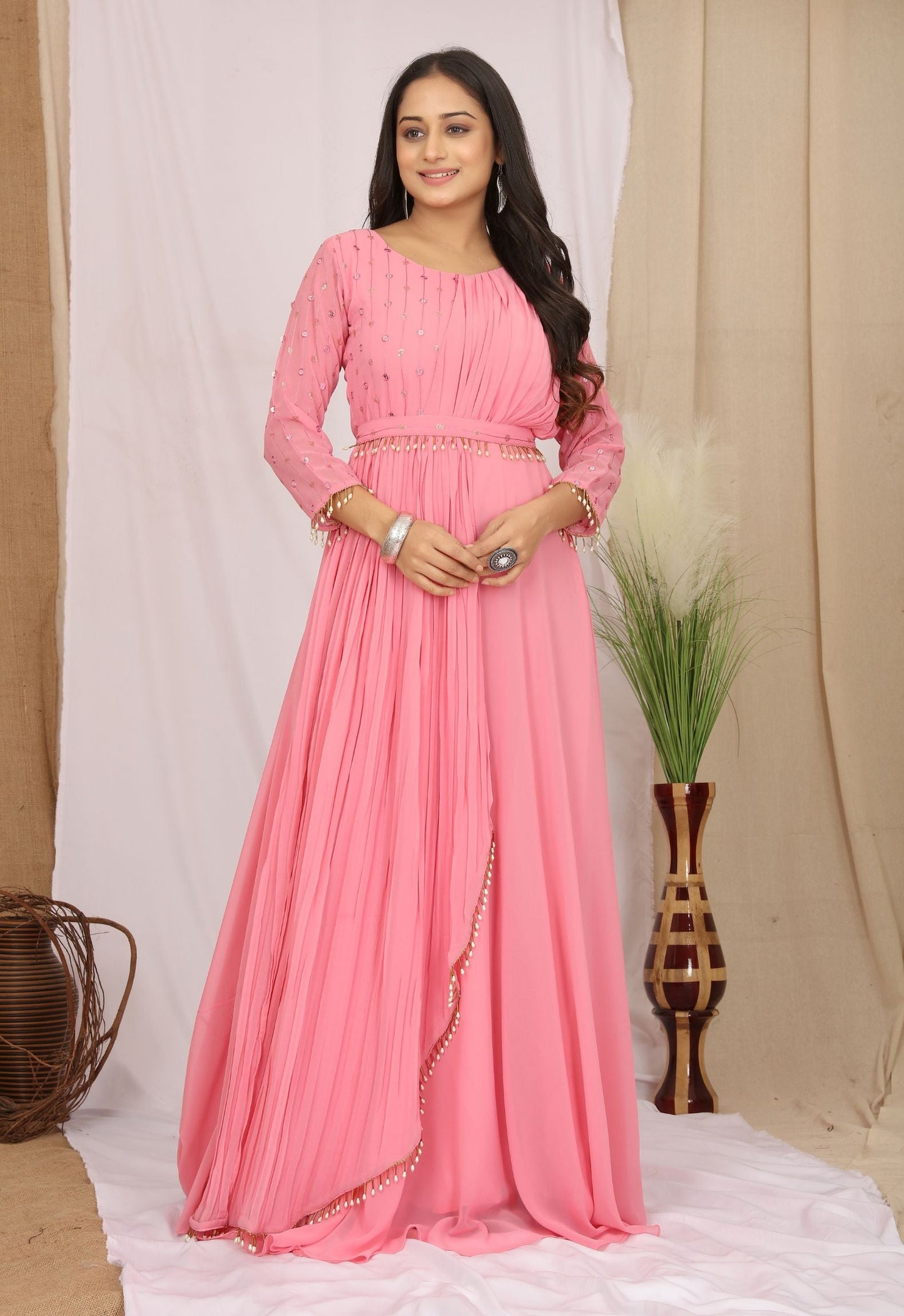 Georgette Pink  Embroidered Ethnic Dress With Belt