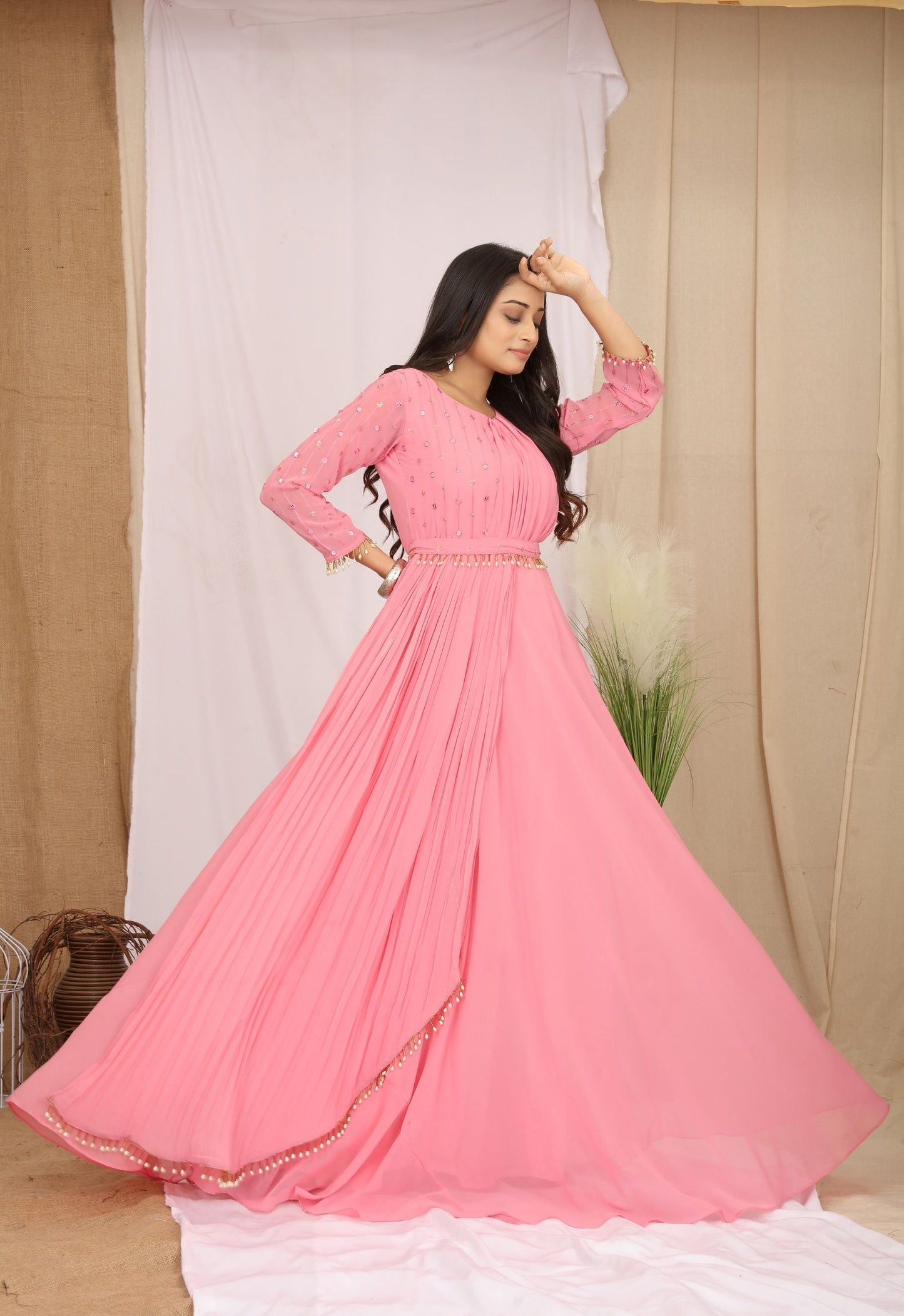 Georgette Pink  Embroidered Ethnic Dress With Belt