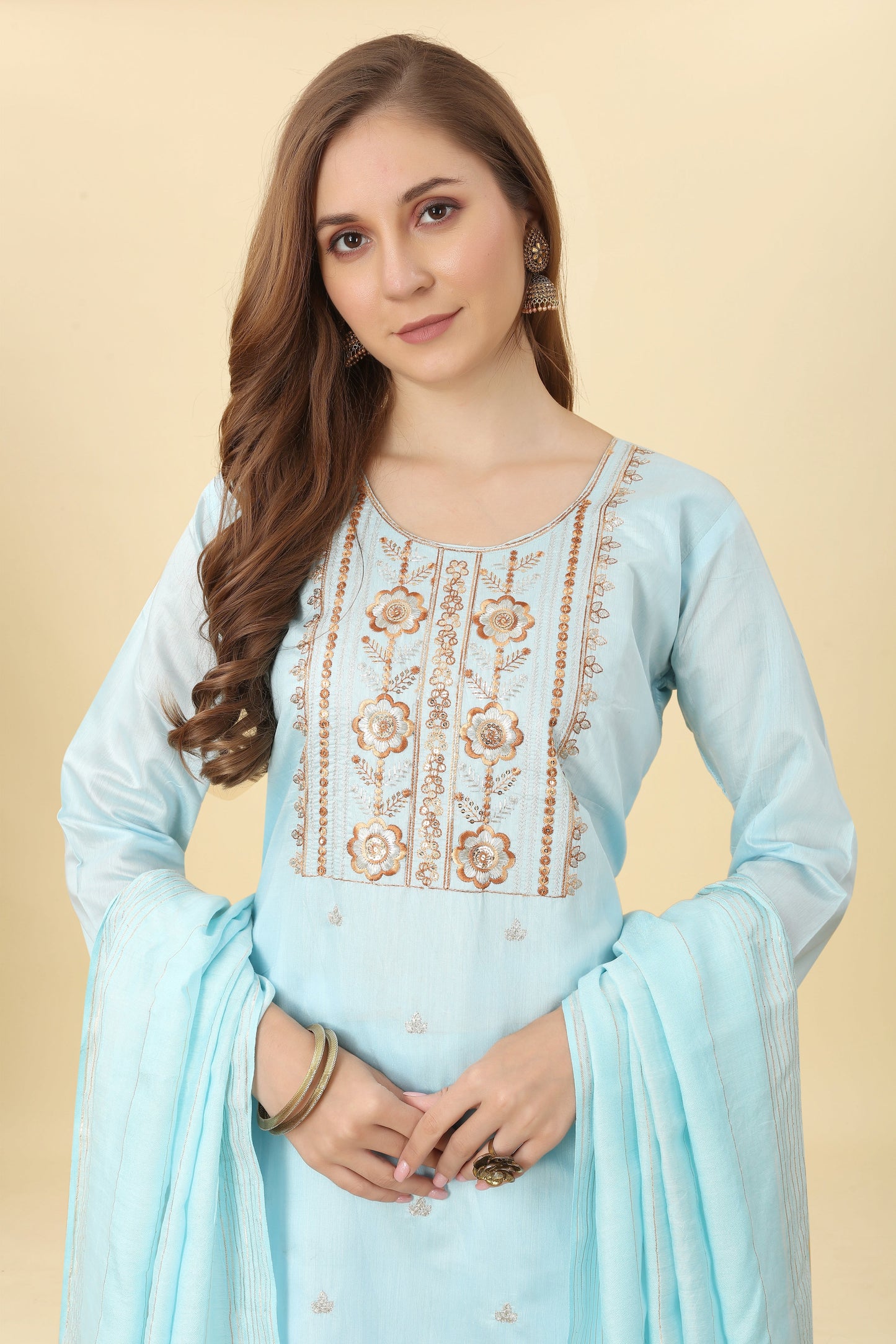 Chanderi Sky Blue Embroidered Kurta With Dupatta