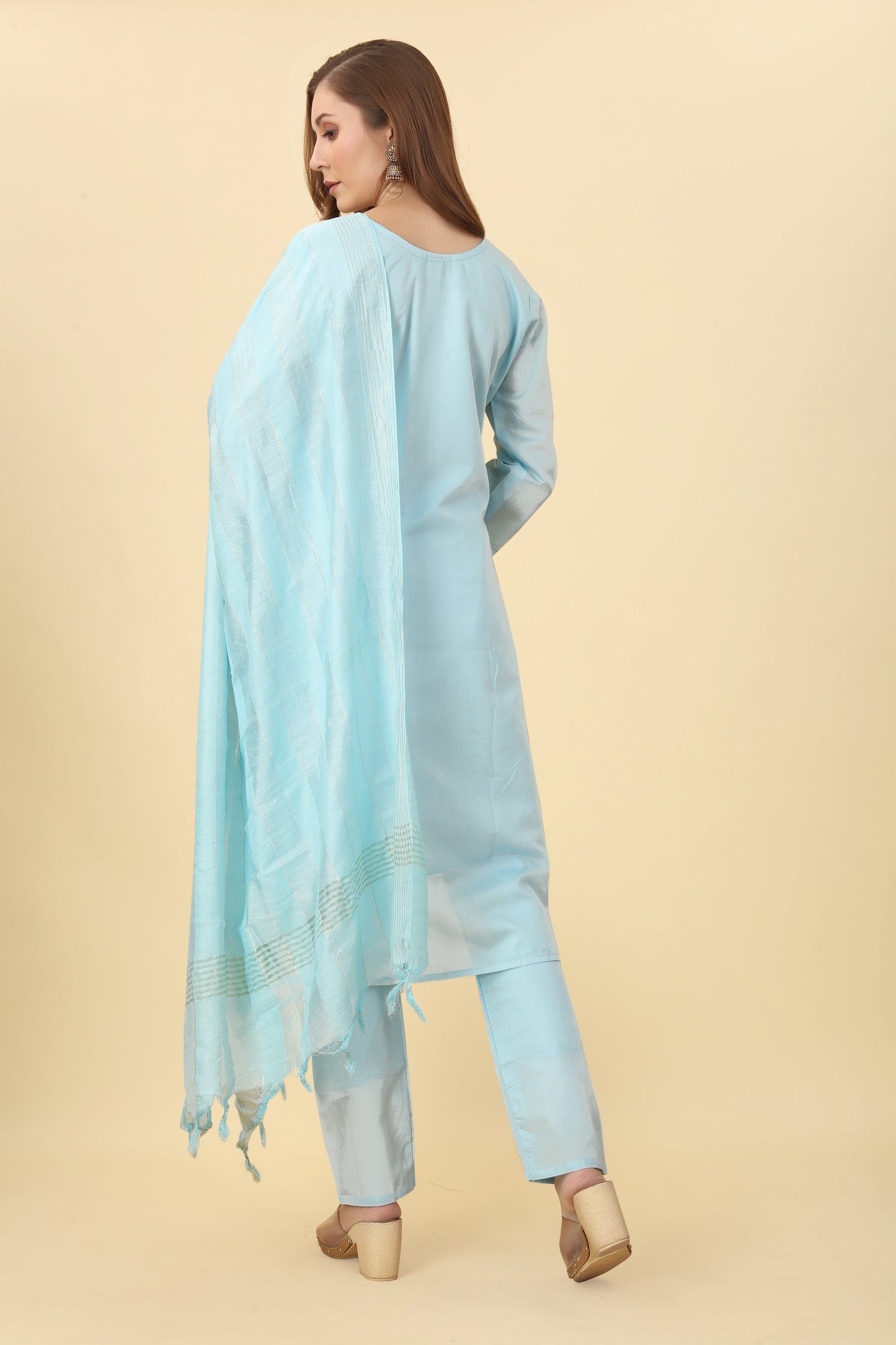 Chanderi Sky Blue Embroidered Kurta With Dupatta