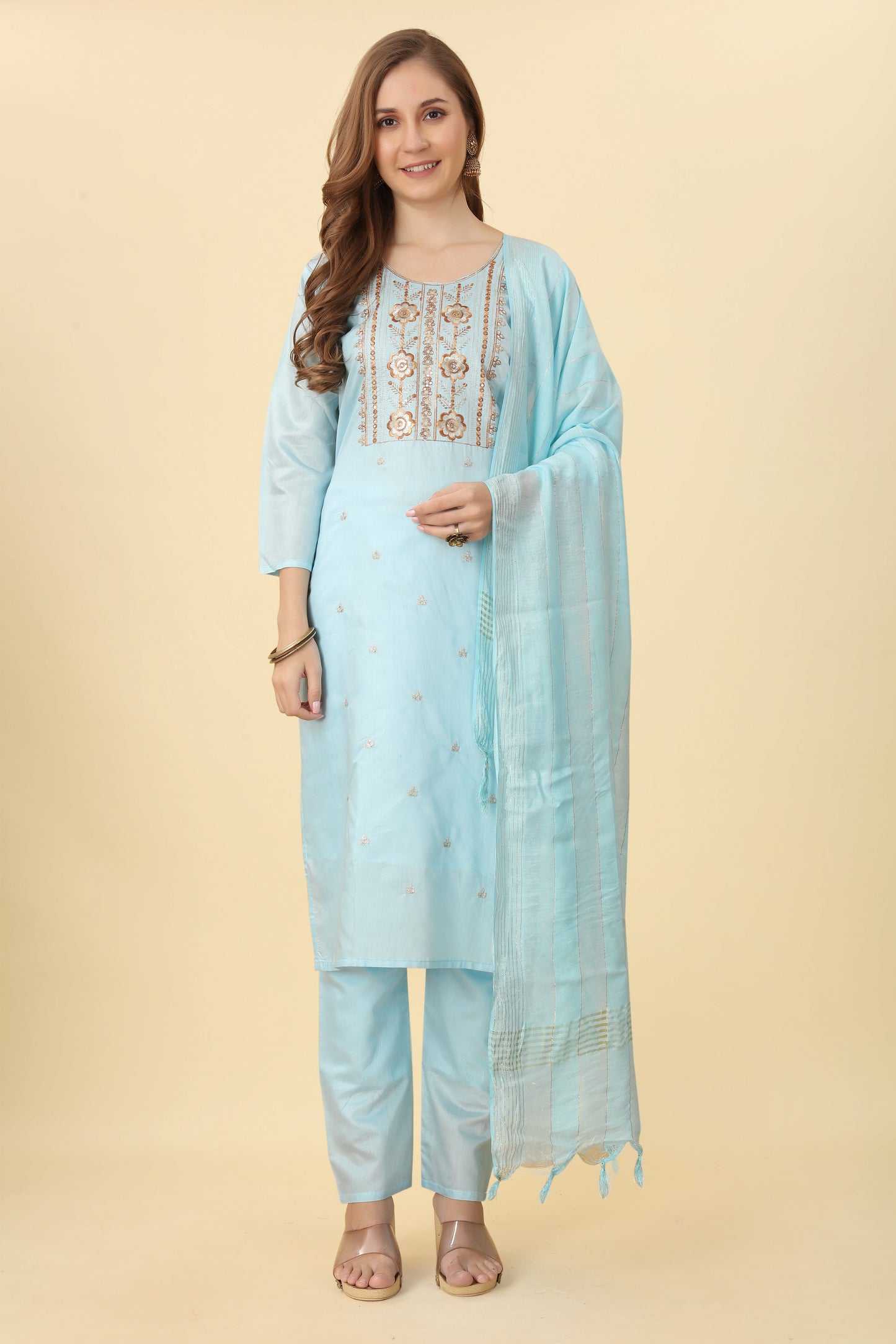 Chanderi Sky Blue Embroidered Kurta With Dupatta