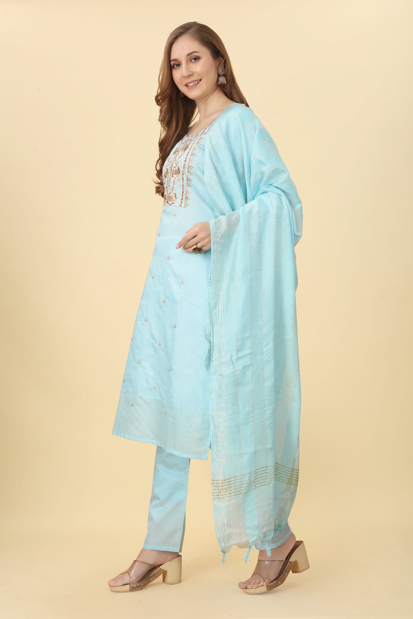 Chanderi Sky Blue Embroidered Kurta With Dupatta