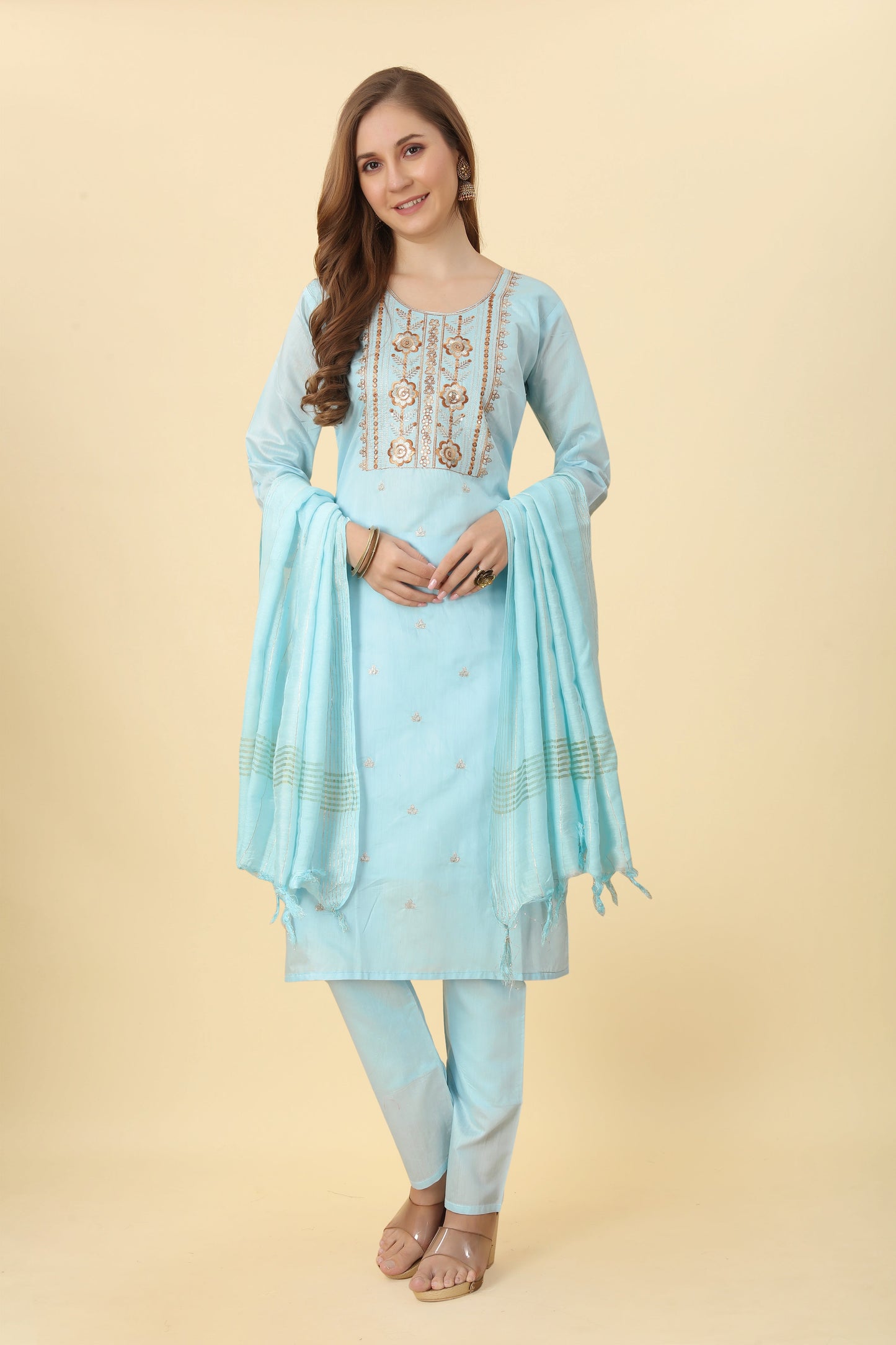 Chanderi Sky Blue Embroidered Kurta With Dupatta