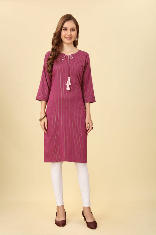 Stylish Striped Jacquard Tie Up Neck Straight Kurta