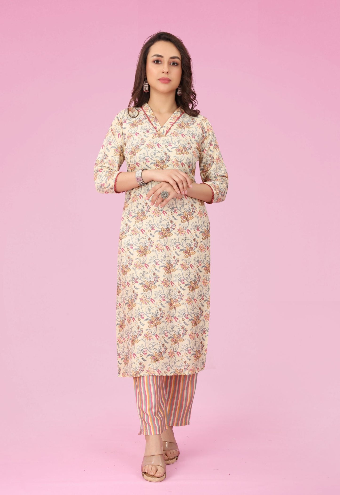 Cream Rayon Kurta Pant Set