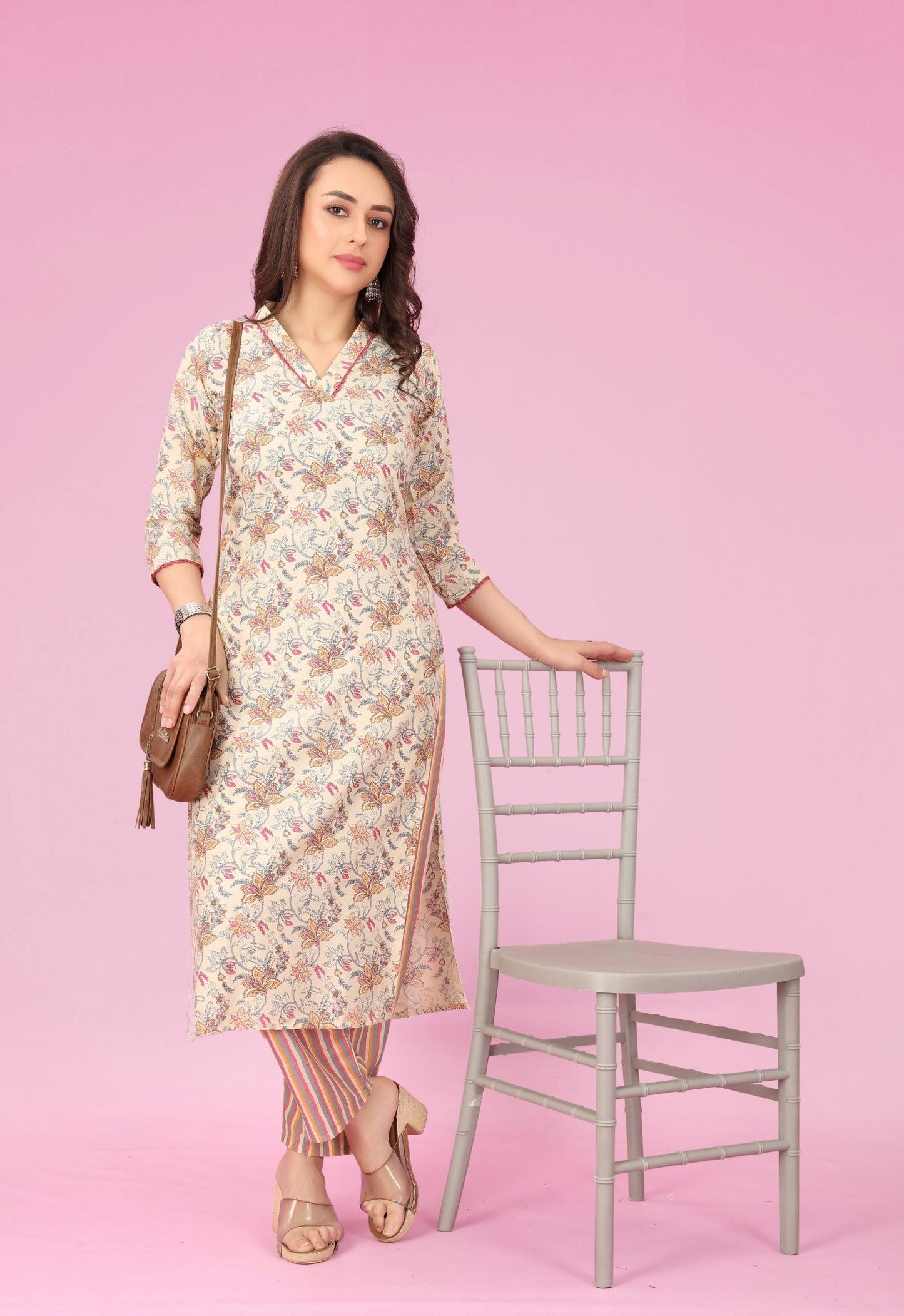 Cream Rayon Kurta Pant Set