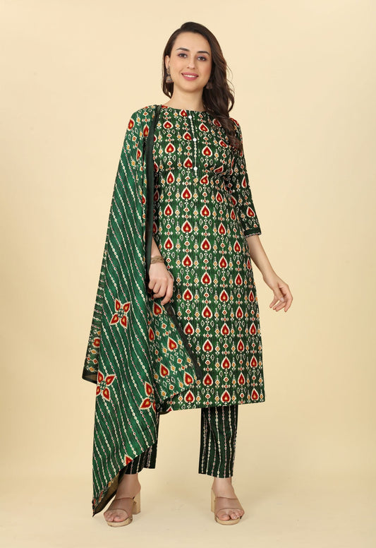 Women Cotton Printed Kurti Pant Set with Dupatta