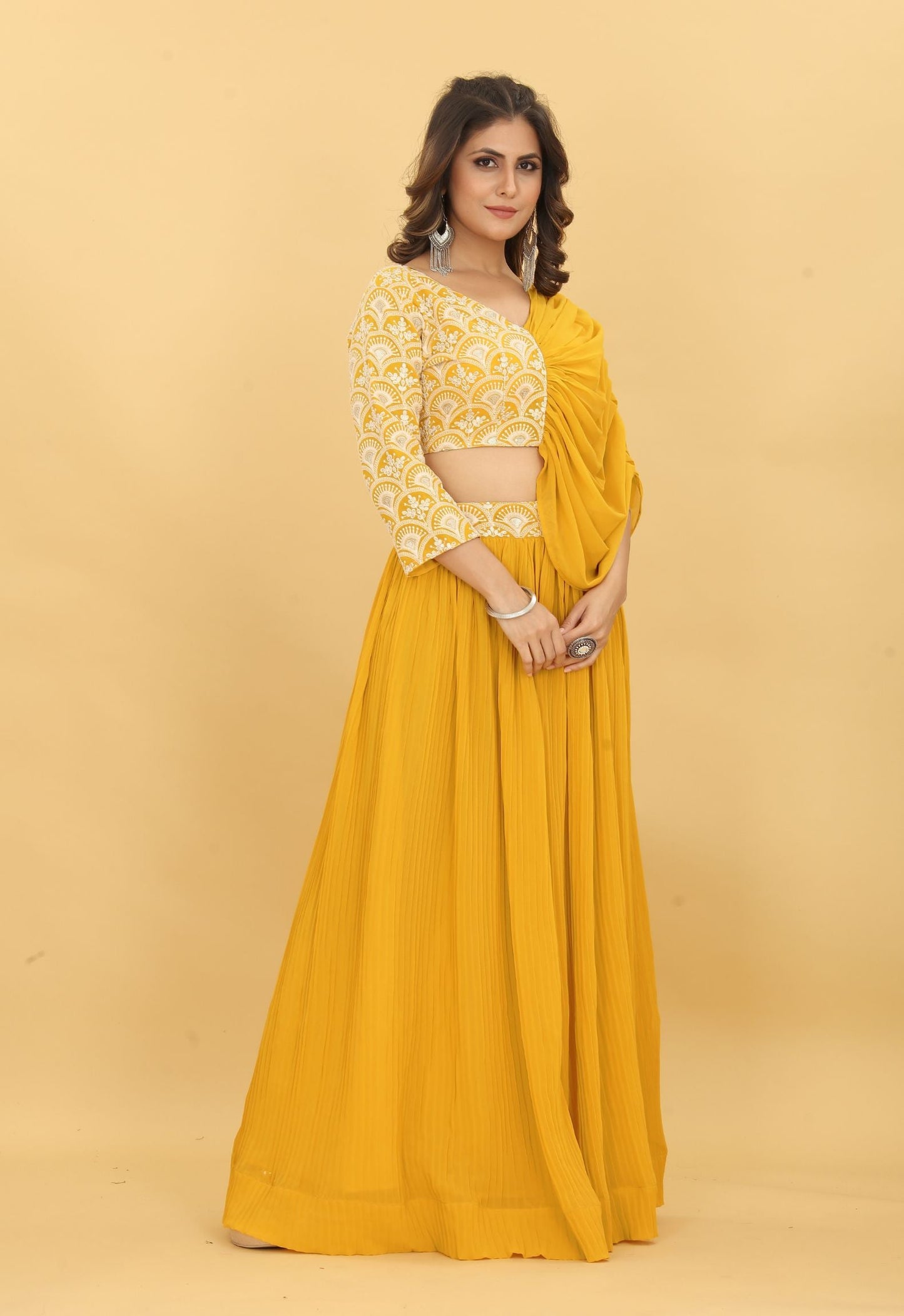 Yellow Thread Work Ready To Wear Lehenga Choli