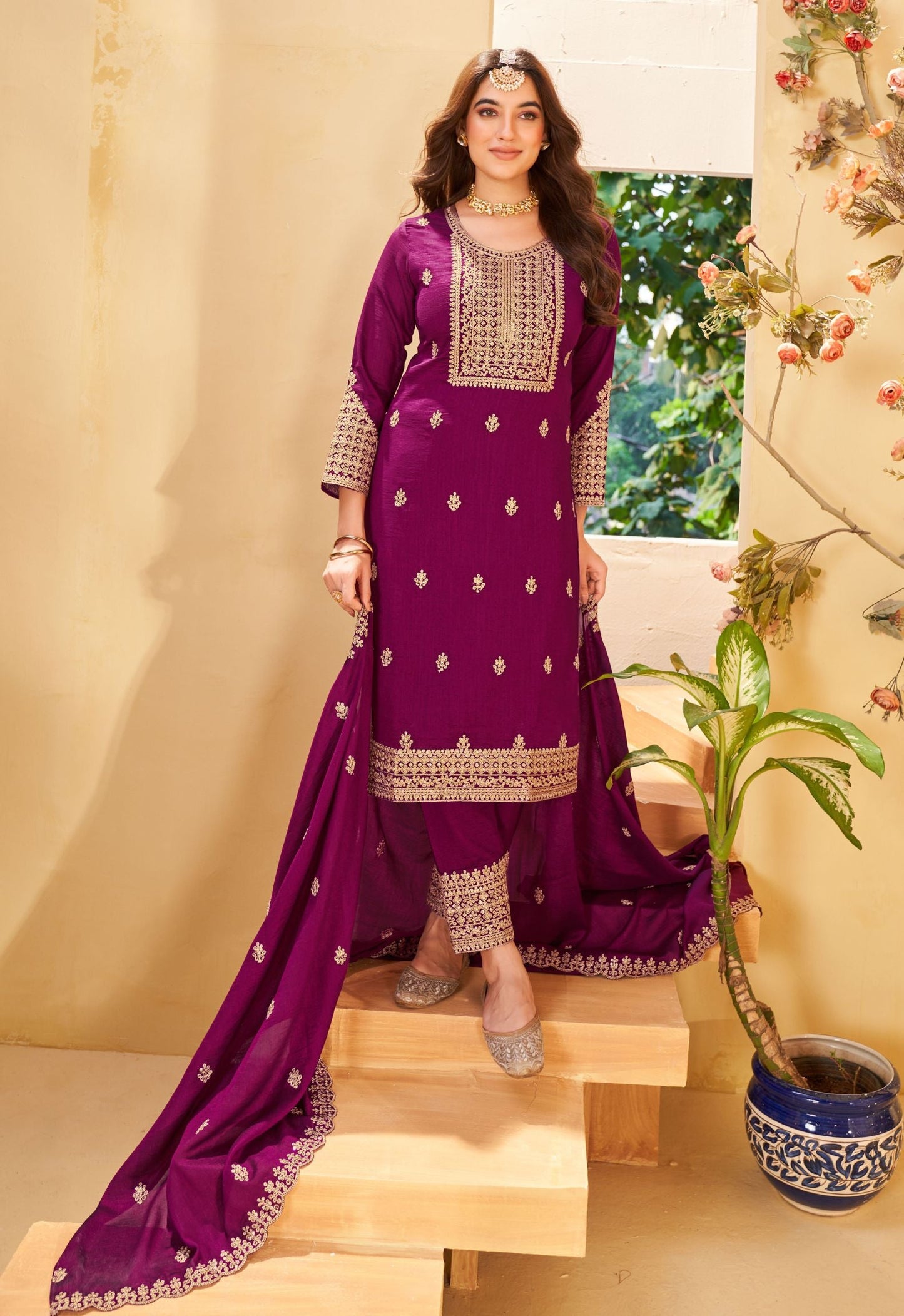 Wine Embroidered Straight Kurti Pant With Dupatta Set