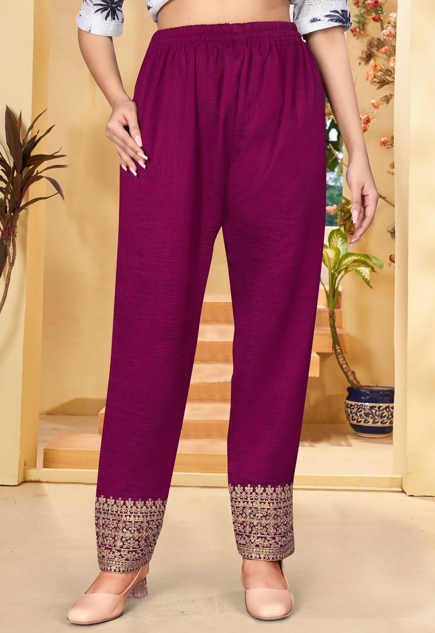 Wine Embroidered Straight Kurti Pant With Dupatta Set