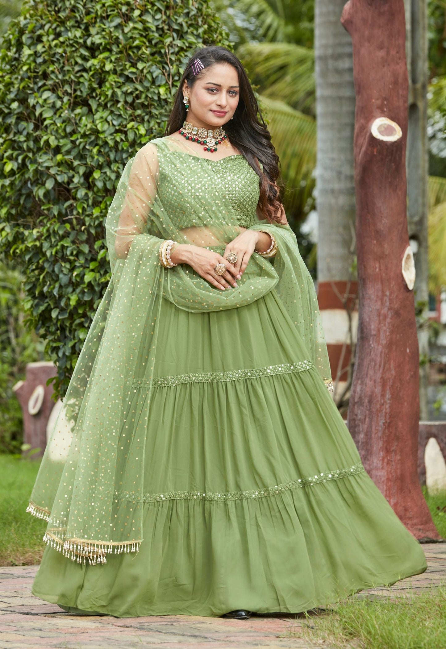 Pista Georgette Lehenga Choli  For Women With Net Dupattta