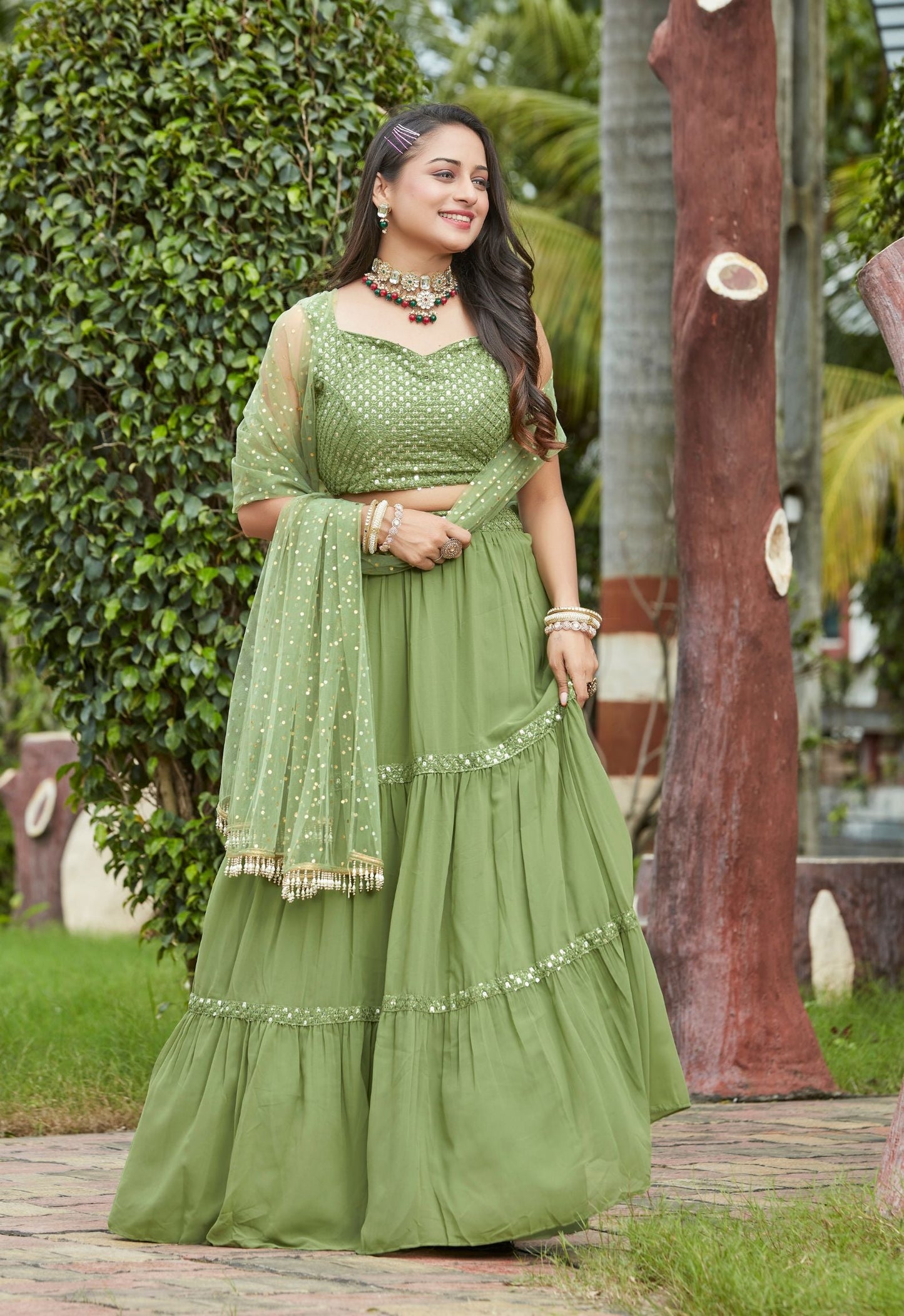 Pista Georgette Lehenga Choli  For Women With Net Dupattta