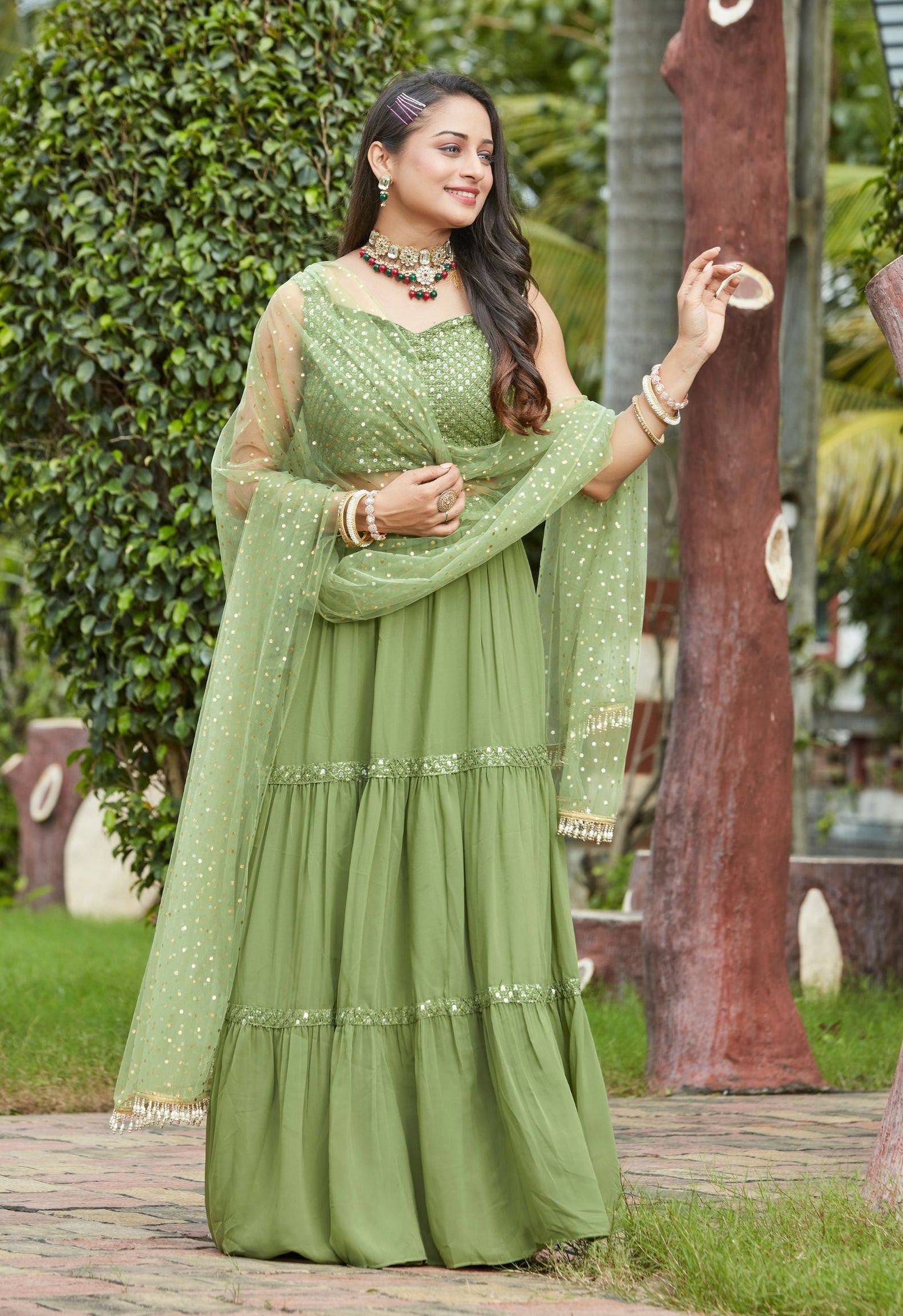 Pista Georgette Lehenga Choli  For Women With Net Dupattta