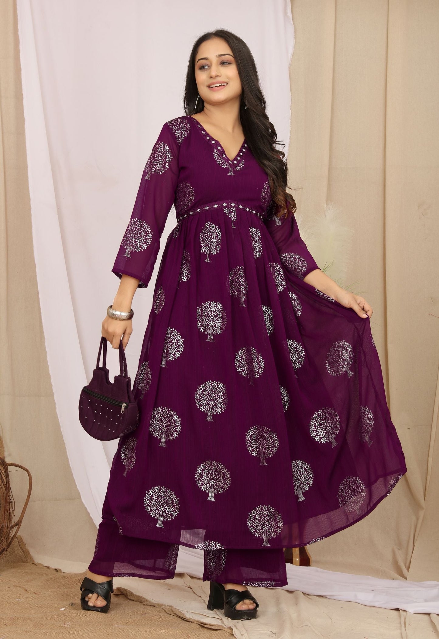 V-Neck Ethnic Zari Printed Kurta With Palazzos