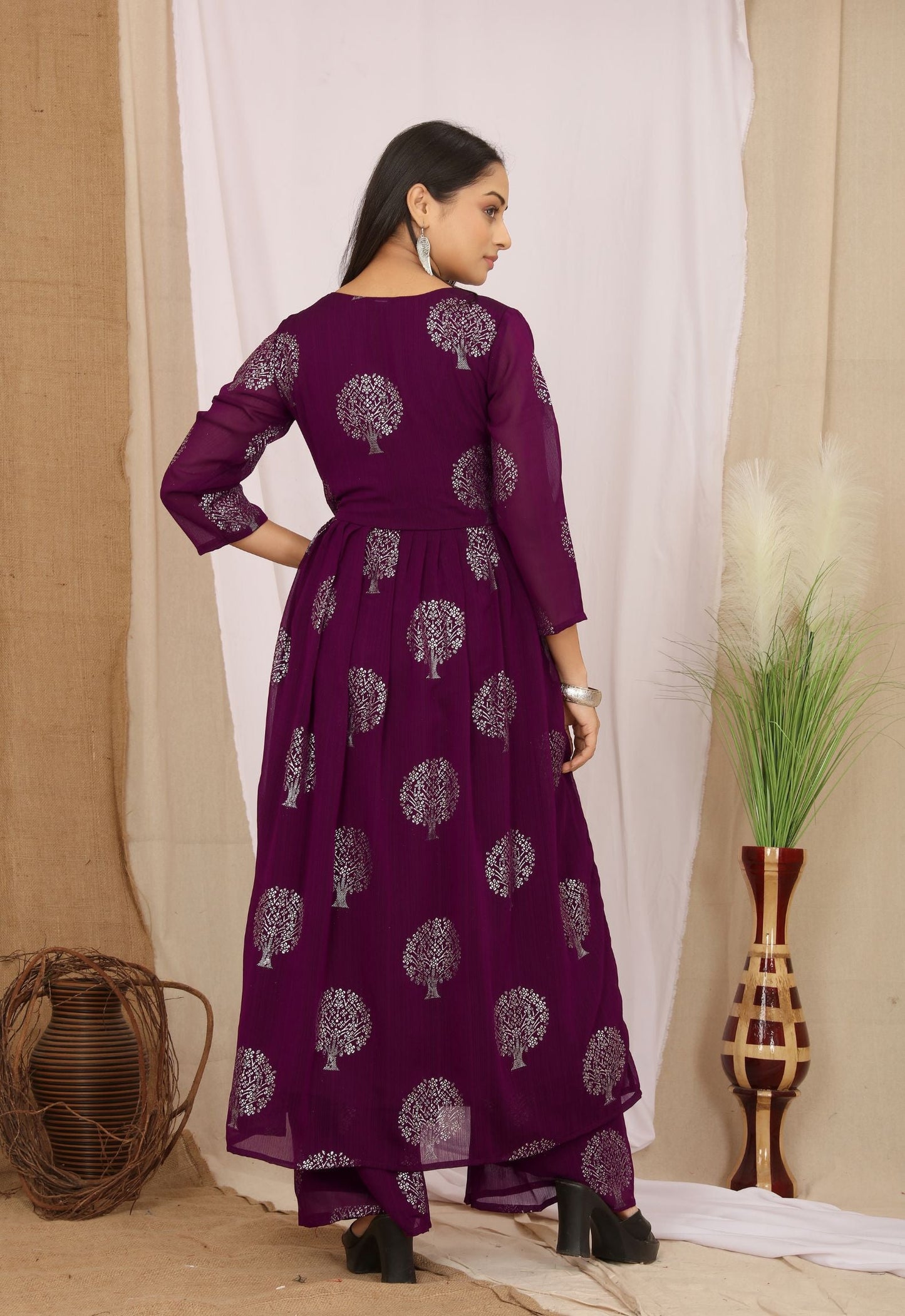 V-Neck Ethnic Zari Printed Kurta With Palazzos