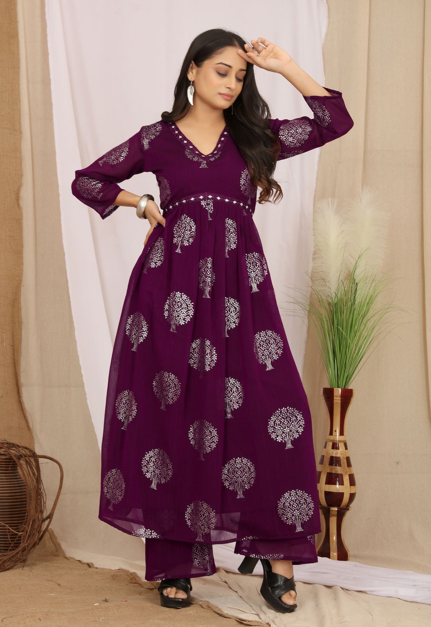 V-Neck Ethnic Zari Printed Kurta With Palazzos