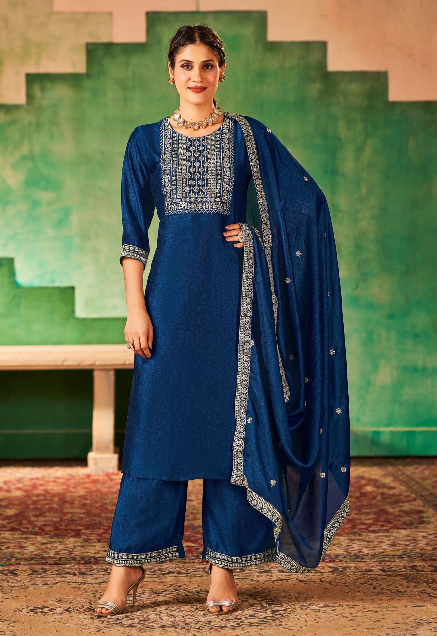 Navy Blue Women Silk Embroidered Work Kurti Pant Dupatta Set