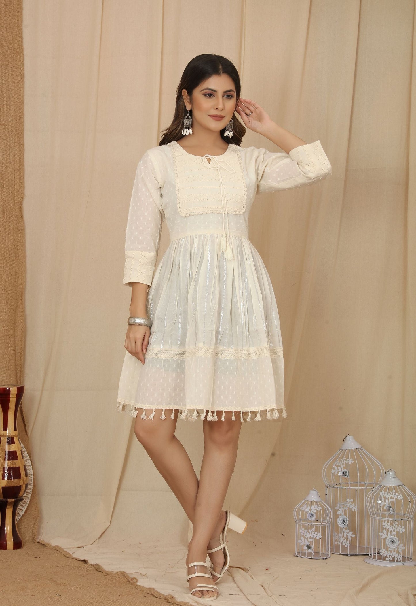 Off White Weaving Short Kurti For Woman