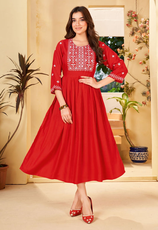 Red Rayon Embroidered Kurta for Women