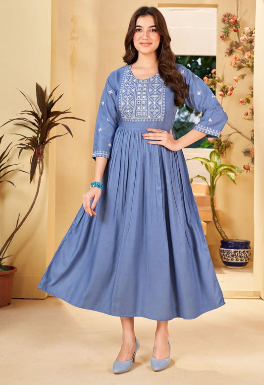 Royal Blue Rayon Embroidered Kurta for Women