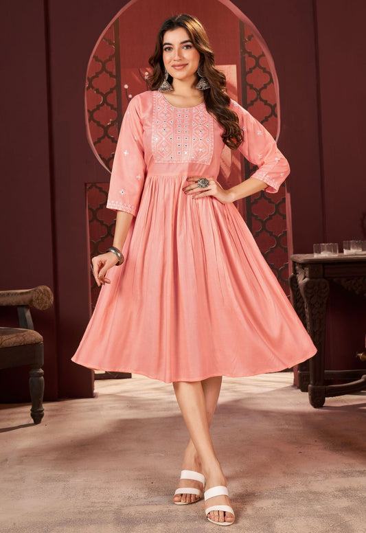 Peach Rayon Embroidered Kurtas for Women