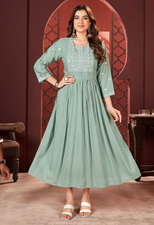 Pista Green Rayon Embroidered Kurtas for Women