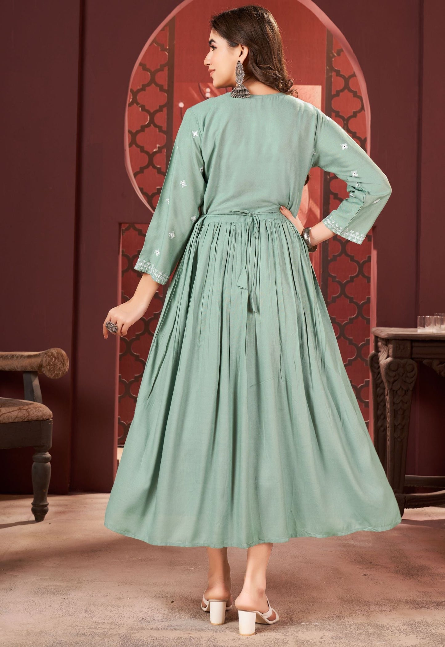 Pista Green Rayon Embroidered Kurtas for Women