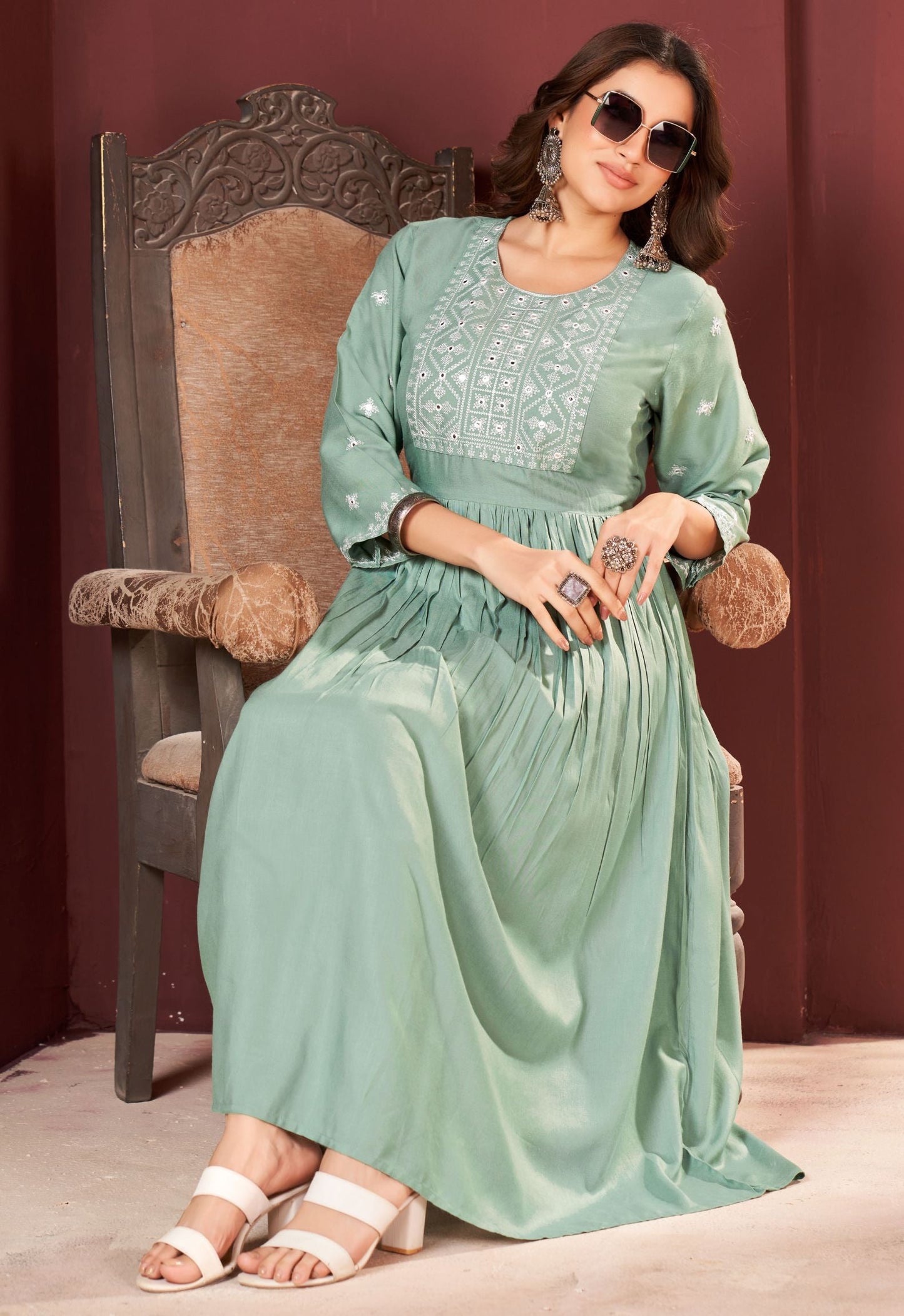 Pista Green Rayon Embroidered Kurtas for Women