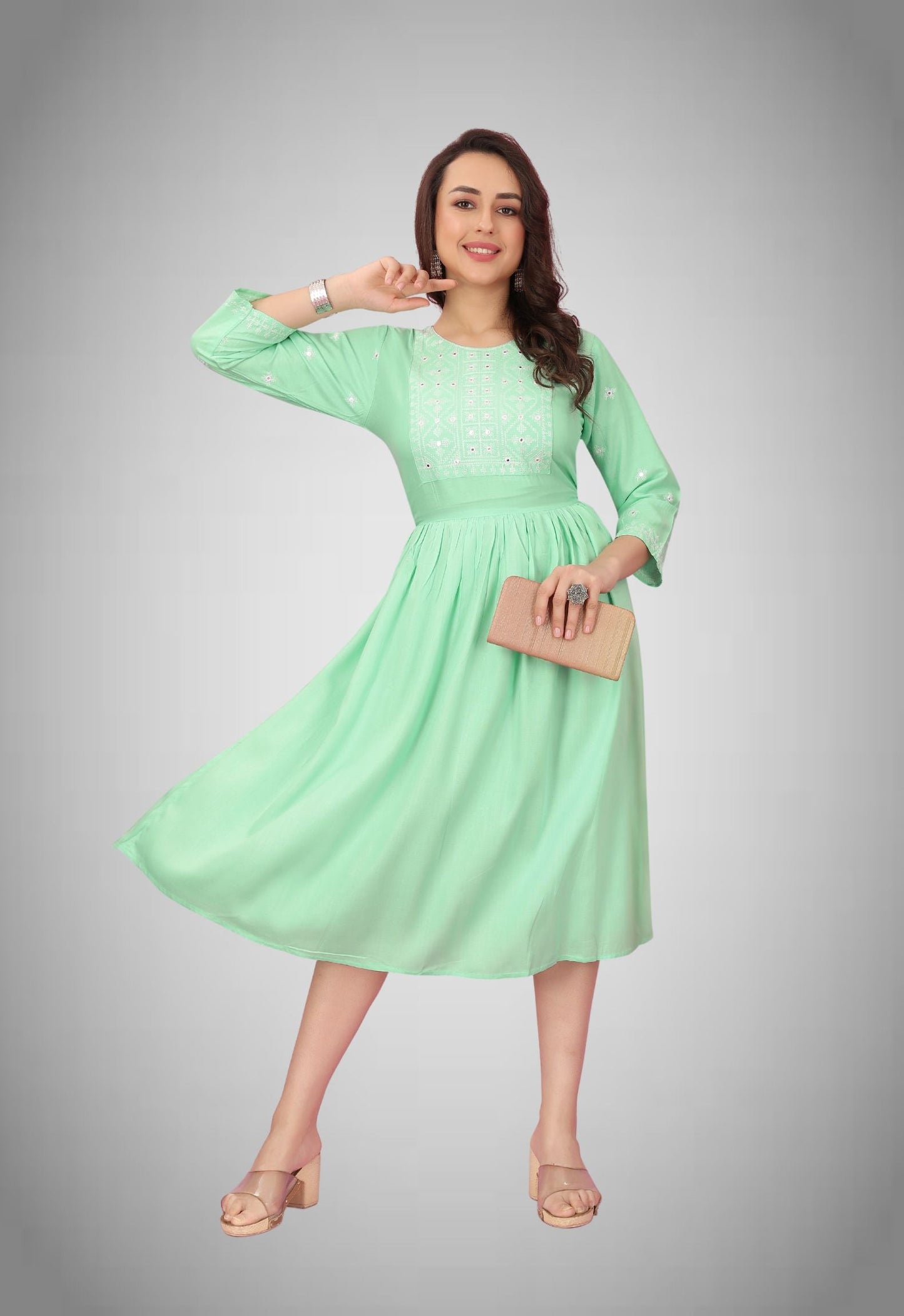 Light Pista Rayon Embroidered Kurtis for Women