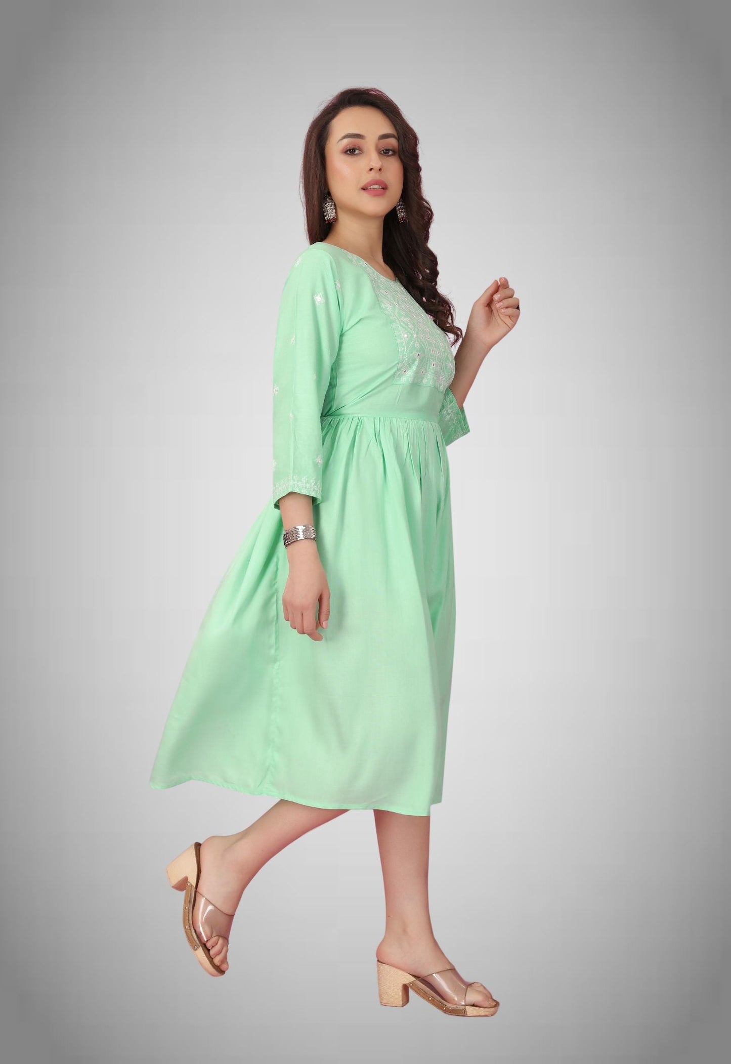 Light Pista Rayon Embroidered Kurtis for Women