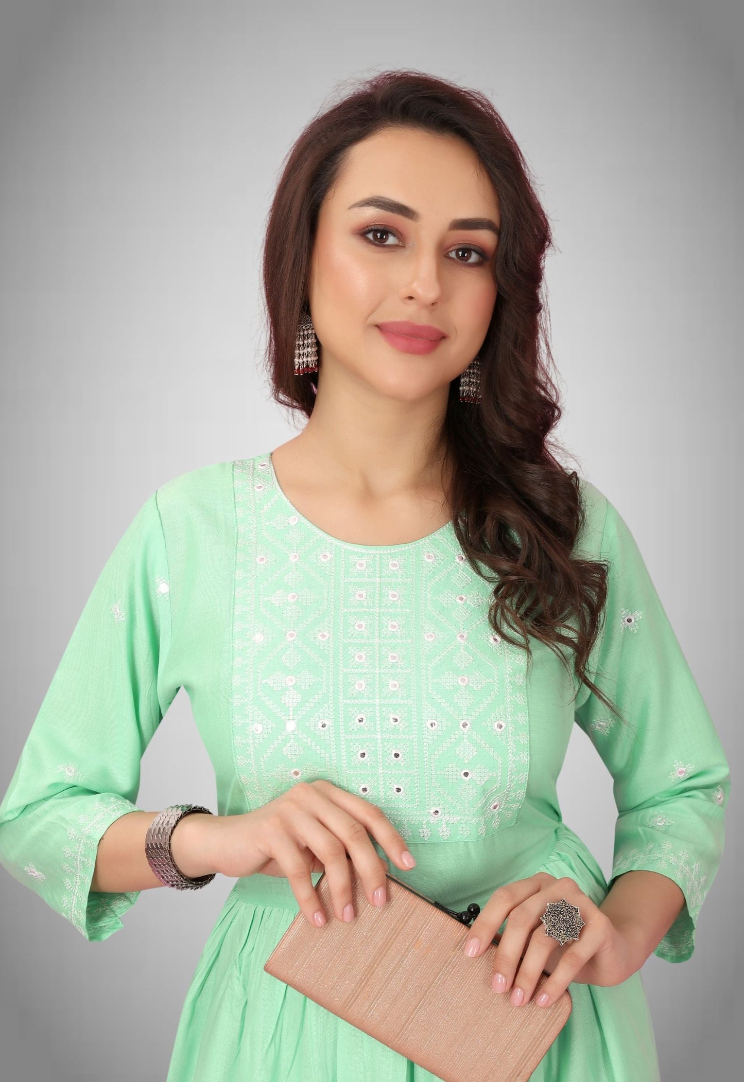 Light Pista Rayon Embroidered Kurtis for Women