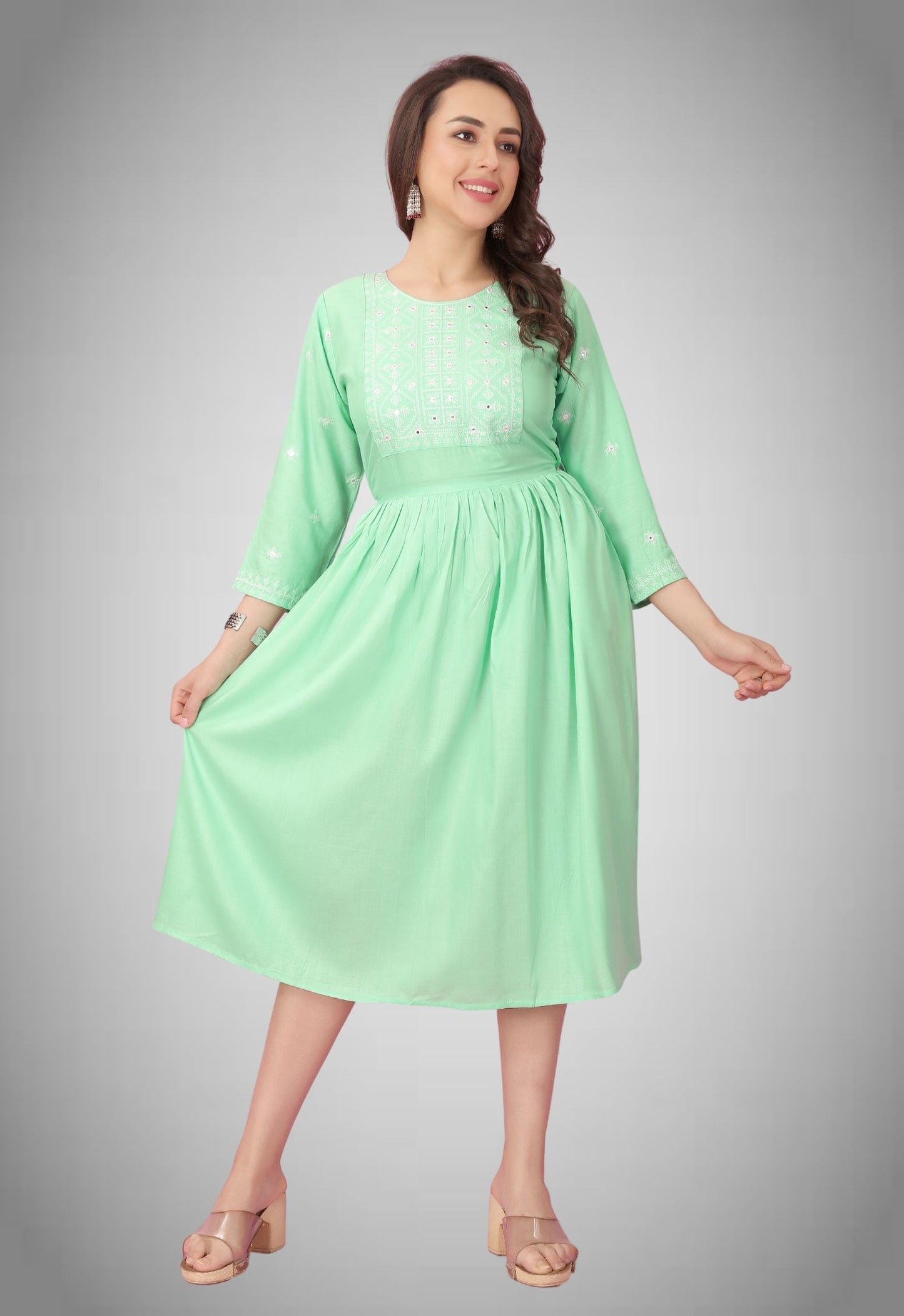 Light Pista Rayon Embroidered Kurtis for Women