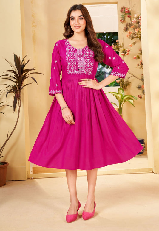 Pink Rayon Embroidered Kurtas for Women