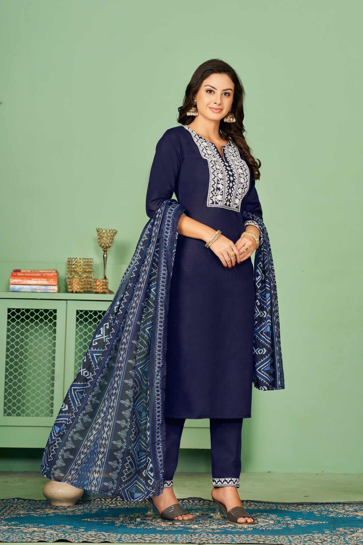 Embroidered Cotton Kurti Pant Set with Dupatta