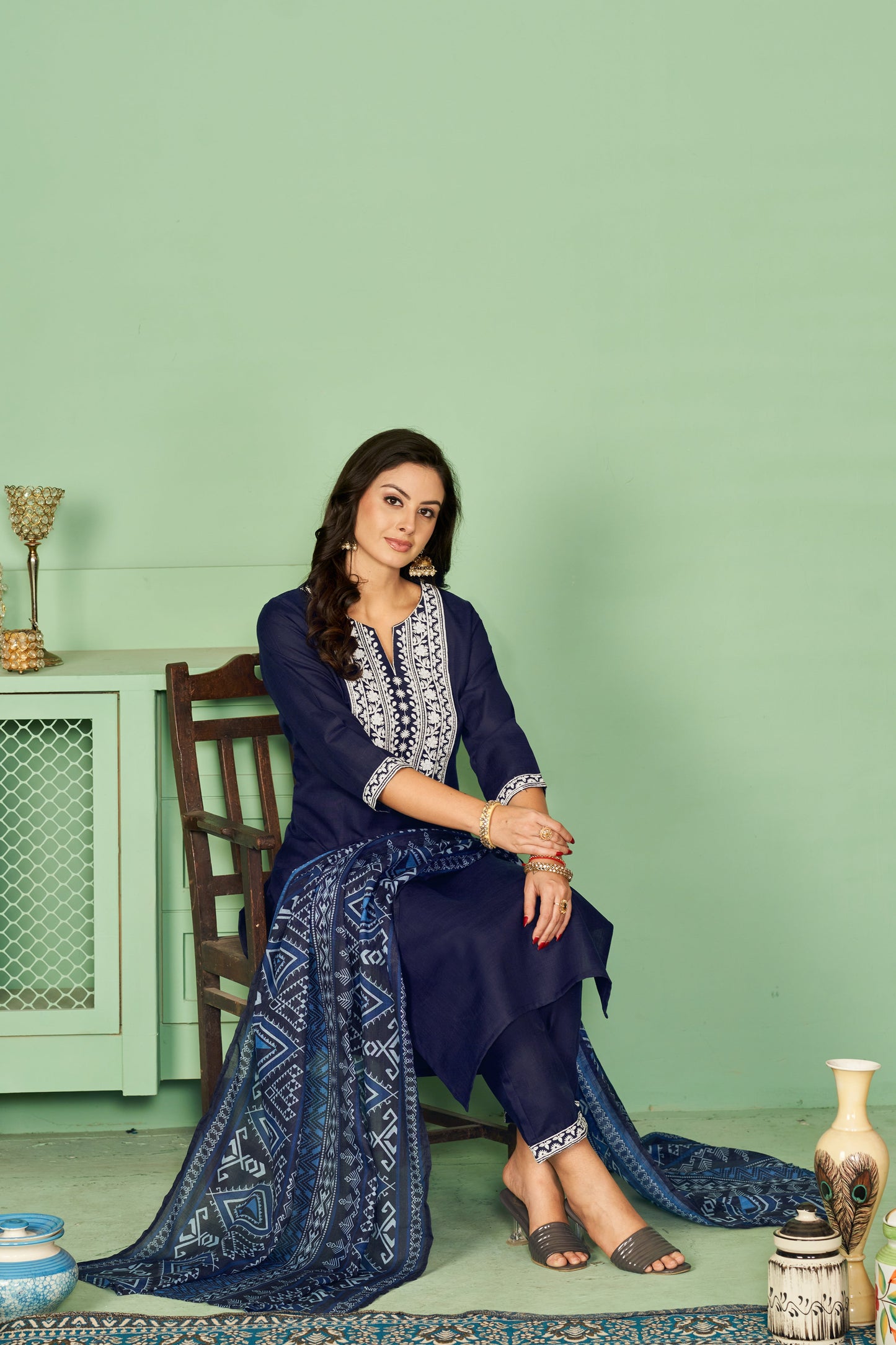 Embroidered Cotton Kurti Pant Set with Dupatta