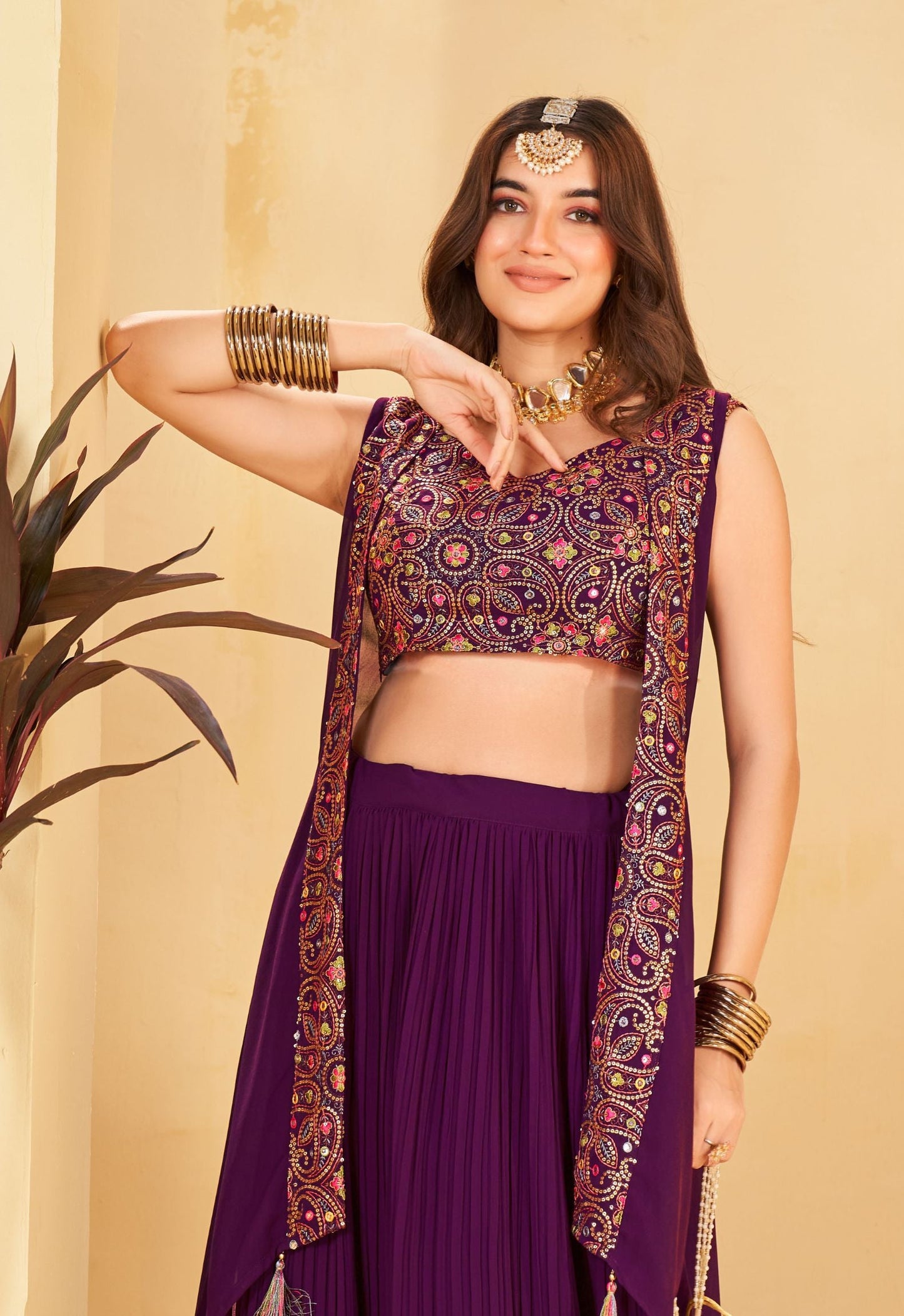 Wine Stylish Heavy Embroidered  Work Shrug, Blouse With Choli