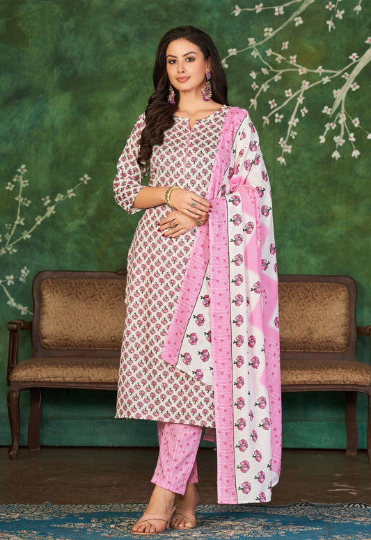 Pink Cotton Kurti Pant & Dupatta Set