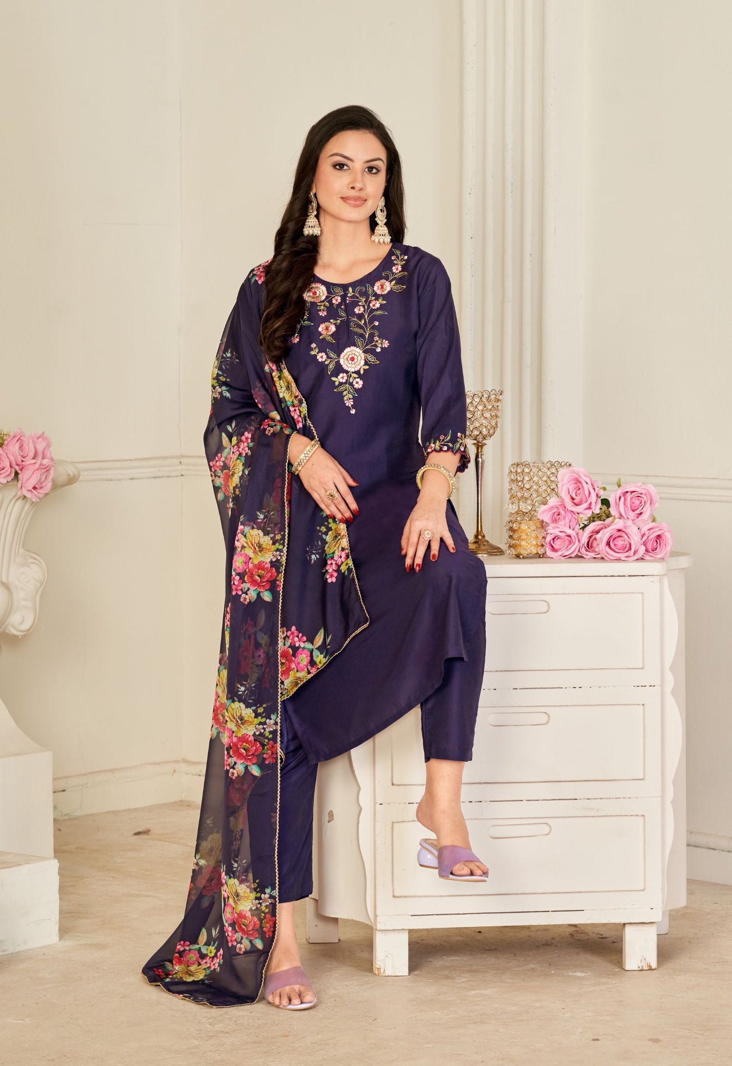 Blue Embroidered Work Kurti Pant Set With Dupatta