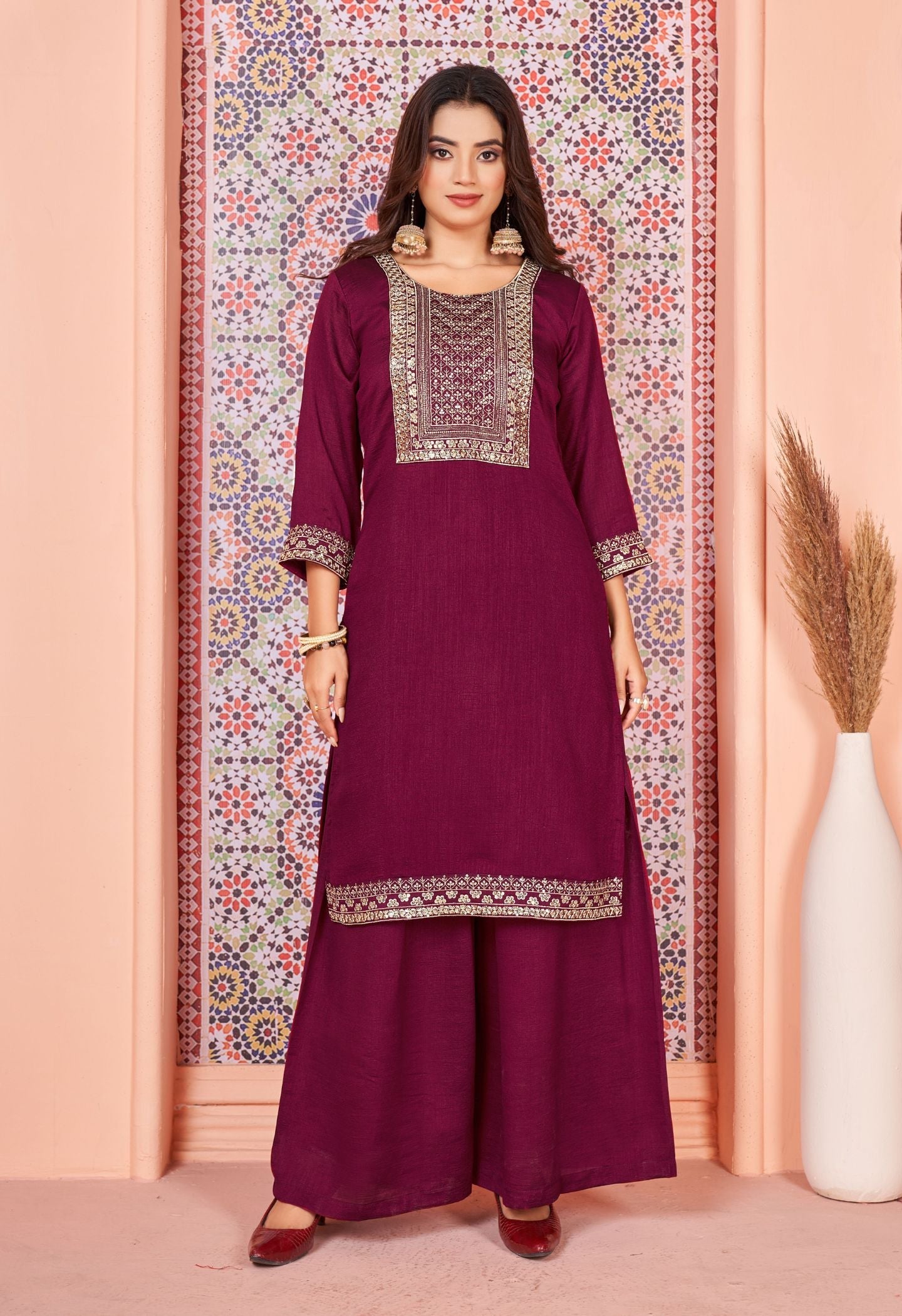 Silk Embroidered Kurti Pant & Dupatta Set