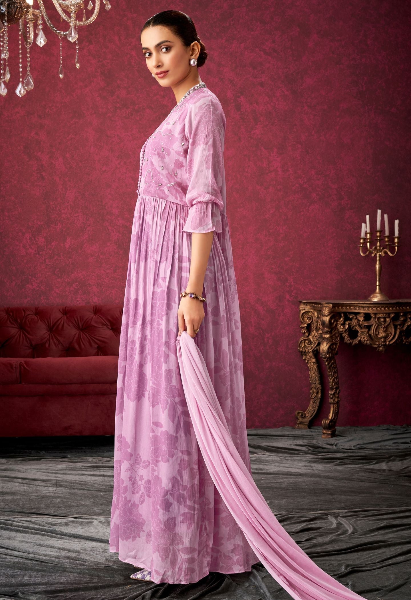 Pink A-Line  Pure Chinon Gown Maxi Dresses With Dupatta