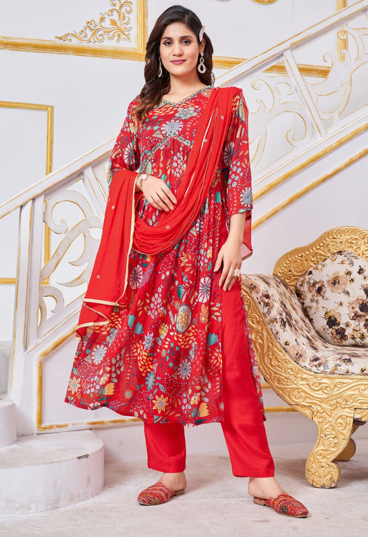 Red Aliya Cut Hand Work Kurti Pant With Dupatta