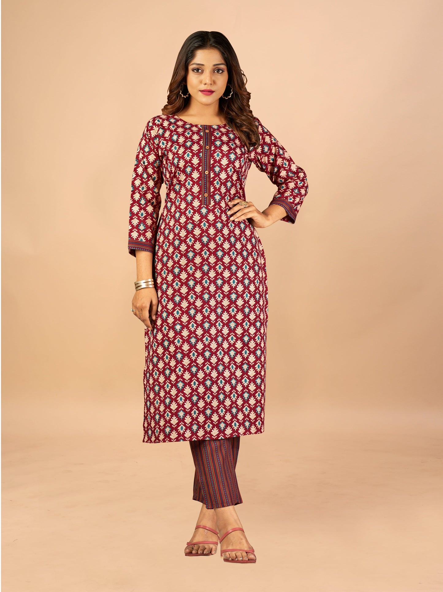 Pink Women Cotton Fabric Straight Kurti with Pant