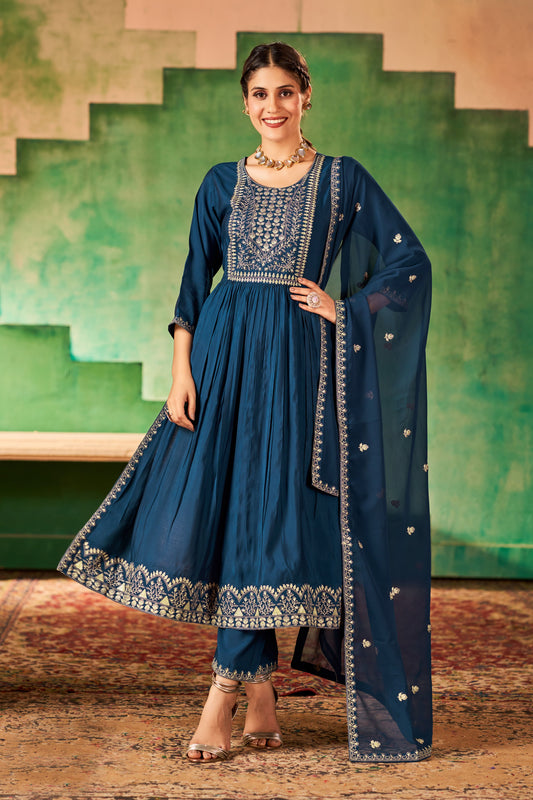 Blue Silk Embroidered Kurta Pant Set With Dupatta