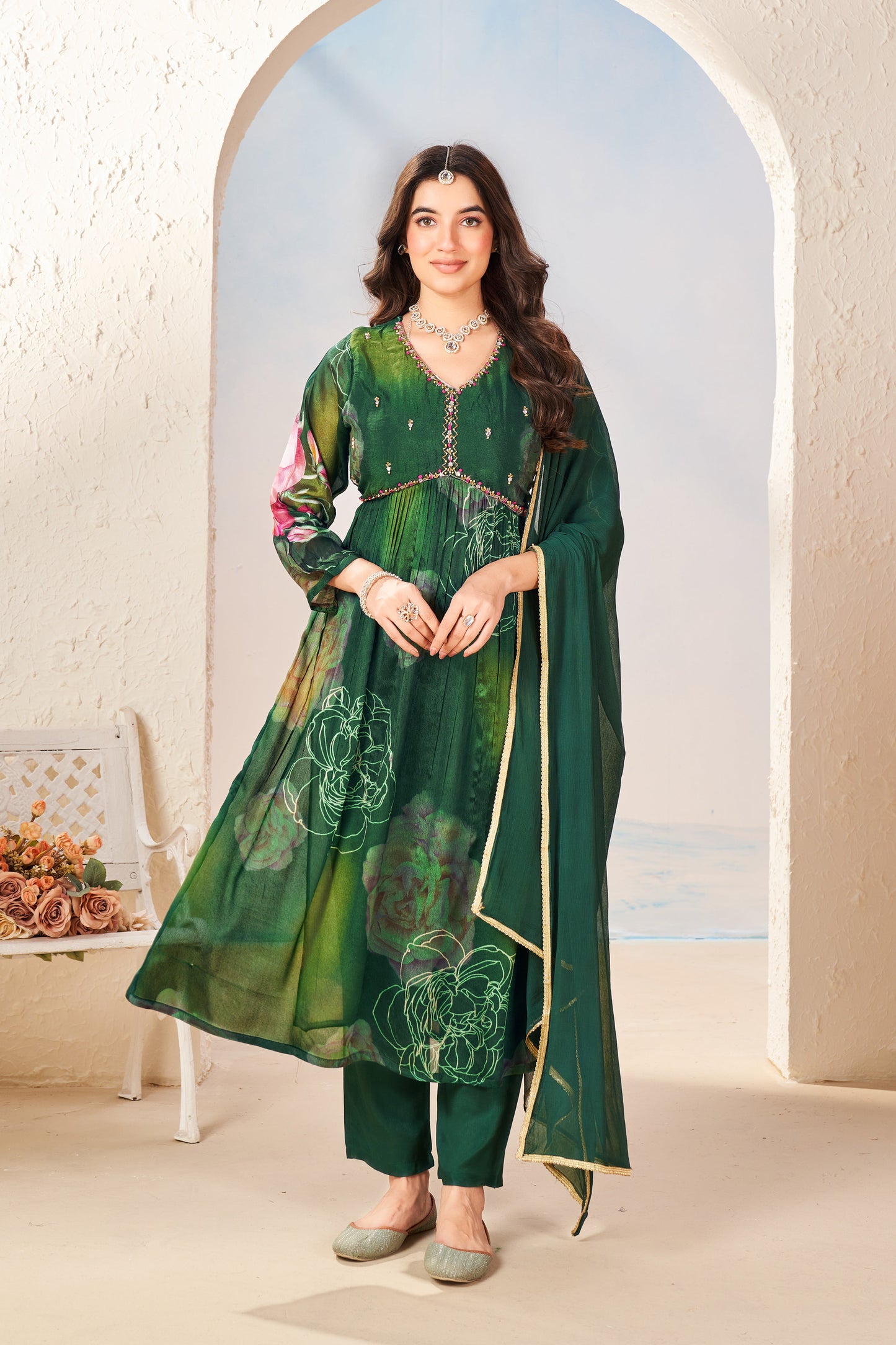 Green Aliya Cut Kurti Pant Set With Dupatta