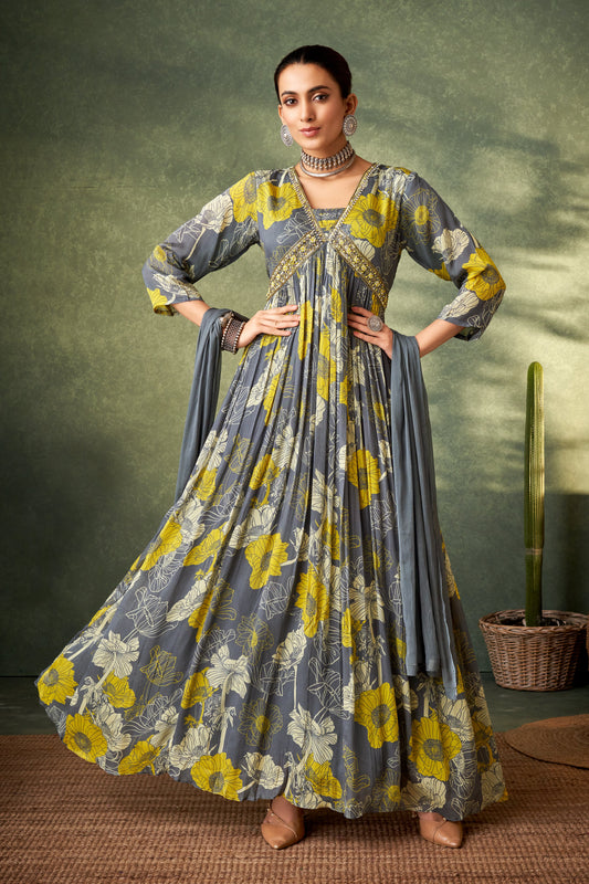 Floral Grey Hand Work Anarkali Gown With Dupatta